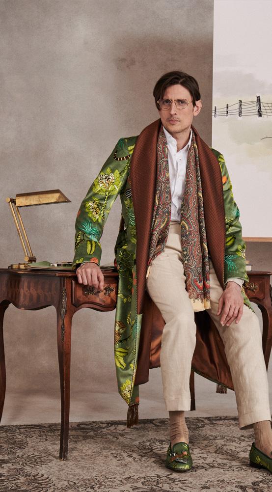 Green Tropical Fauna Lined Velvet Dressing Gown