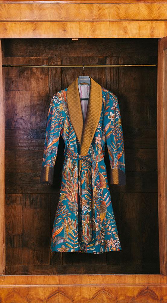 Teal Embroidered Leaves Lined Dressing Gown